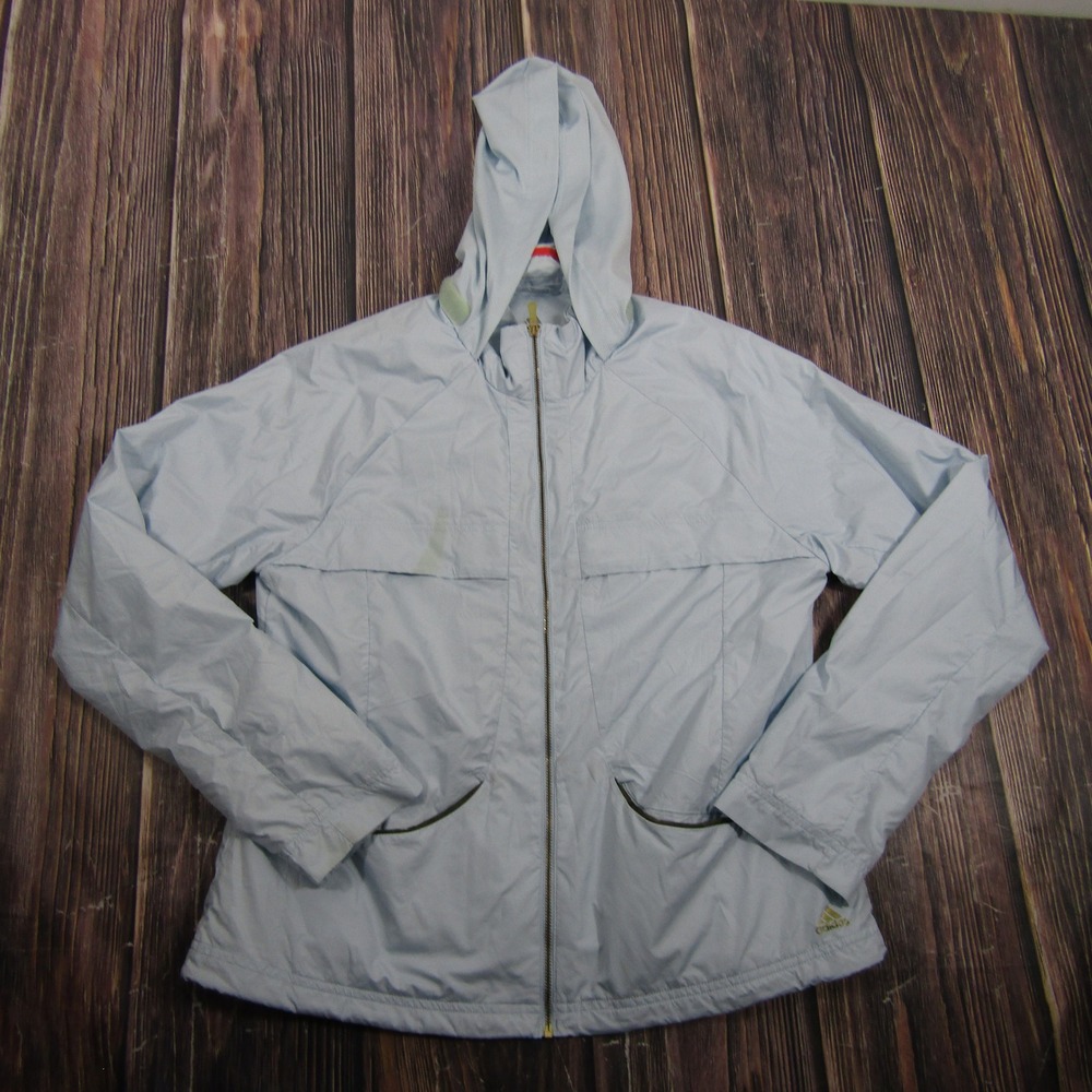 Adidas Windbreaker Jacket Womens Large Light Blue Clima365 Hooded Full Zip Shell